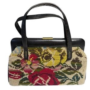 Vintage Jana Floral Needlepoint Tapestry Handbag 50s 60s Frame Top Clasp Closure